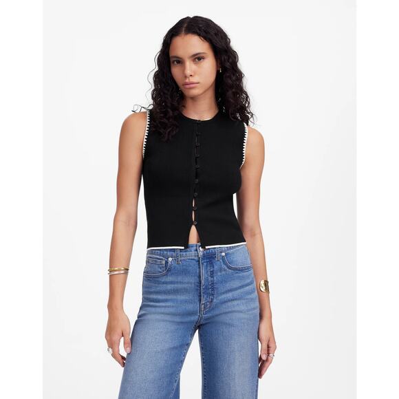 $88 Madewell Blanket-Stitch Crewneck Sweater Vest Tank - Black - XS - Picture 1 of 9